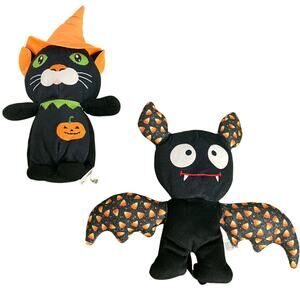 Lot (2) A & A GLOBAL Candy Corn Bat Pumpkin Witch Black Cat Halloween Plush Toys